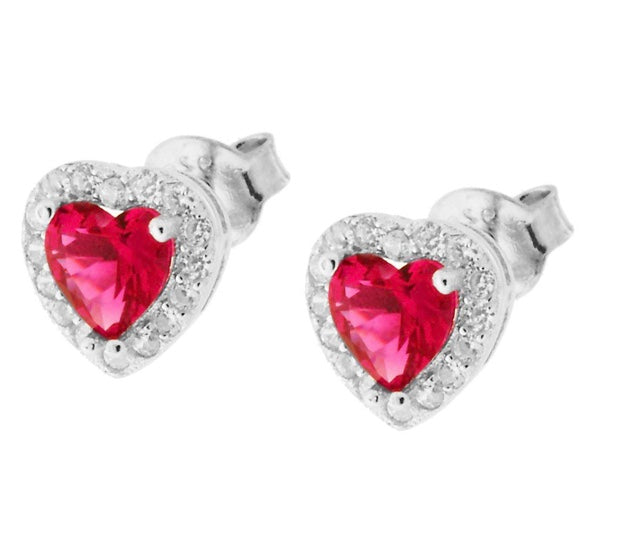 Argento Orecchini Cuore con Zircone Rosso