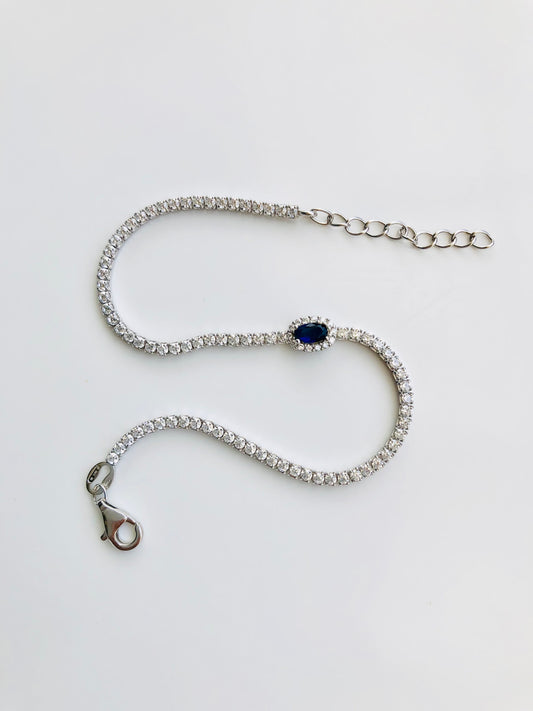 Argento Bracciale Tennis con Ovale Blu Zaffiro